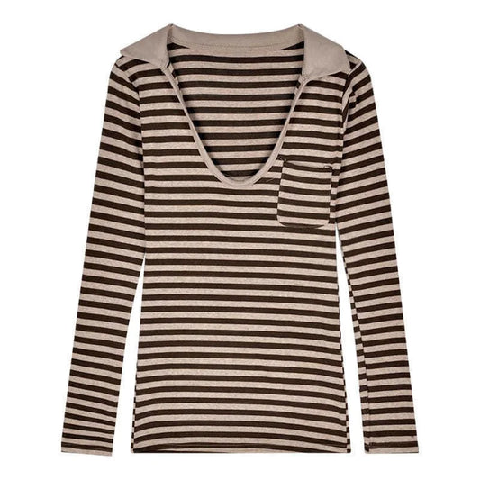 Striped Tshirt Autumn Woman Close-Fitting Slim-Fitting Long Sleeve V-Neck T-Shirt Korean Style T-Shirt Femme Low-Cut Women Tops