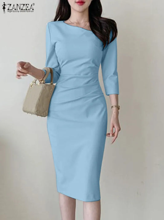 ZANZEA Fashion Autumn Elegant 3/4 Sleeve Solid Bodycon Dress Robe Femme Party Midi Vestido Women Work Dress - Women Short