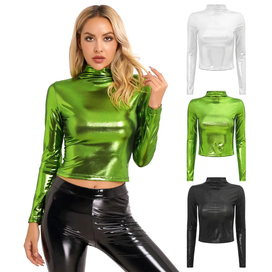 Womens Metallic Long Sleeve T-Shirt Fashion Shiny Top Slim Fit Mock Neck Cocktail Dancing Party Club Music Festival Costume women tops