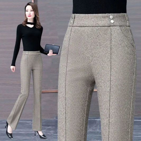 Office Lady Loose Flare Pants Autumn Winter Korean Woman Clothing Pockets Patchwork High Waist Fashion Solid Casual Trousers