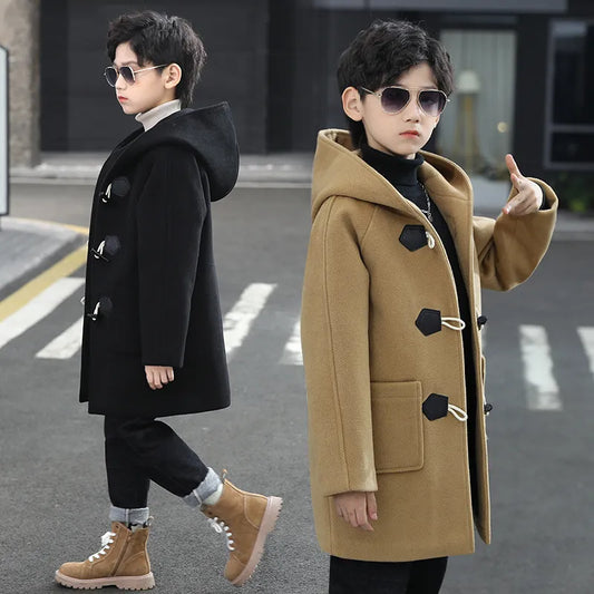 Autumn Winter Boys Wool Coat Mid-Length Solid Color Fashion Single Breasted Hooded Windbreak For 4-14Y Kids Handsome Parka Boy Jacket - Girl Jacket
