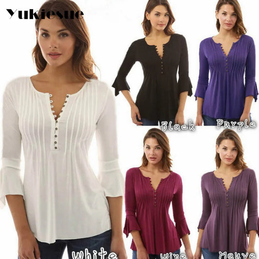 Korea Style Women Blouse Shirts Elegant Ruffles clothes Flare Sleeve Solid Loose Shirt blusas feminine women casual - women tops- women contemporary