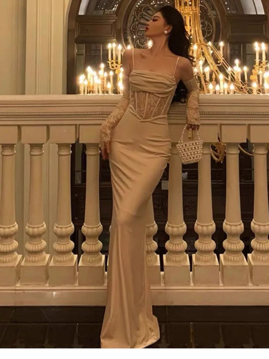 Sexy Bodycon Maxi Dress Woman Evening Party Robe Wedding Vestidos Mujer Velvet Lace Patchwork Spaghetti Strap Slim Mermaid Women Prom