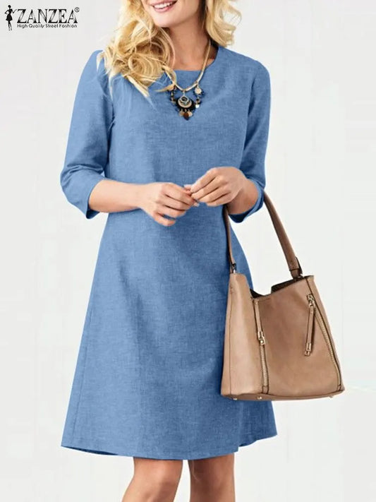 Summer Short Sleeve Fashion Elegant Robe O-Neck Solid Knee Length Sundress Buttons Vestidos Women Dress For Work