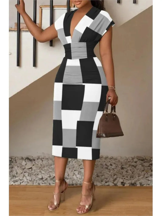 Sexy Deep V-Neck Slim Office Lady New Summer Sleeveless Bodycon Midi Dresses For Women Casual - Woman Work Dress - Women Plus Size Clothing