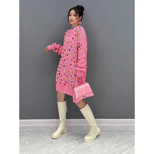 Knitted Sweater Long Sleeve Loose Fashion Street Heavy Beaded Autumn Winter O Neck Pullover Mini Knitting Dresses Women Dress For Work - Women Prom