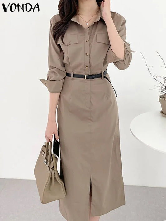 Office Dress VONDA Elegant Woman Summer Long Sleeve Long Shirt Sundress Robe Fashion Dress Solid Color Midi Vestidos Women Casual - Women Dress For Work