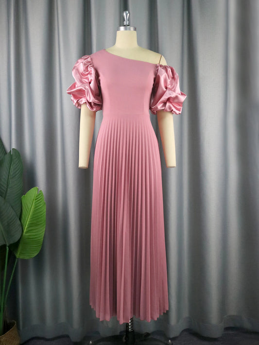 ONTINVA Cold Shoulder Dresses Plus Size Short Puff Sleeve Pink Empire A Line Pleated Outfits for Ladies Event Party Women Plus Size Clothing - Women Prom