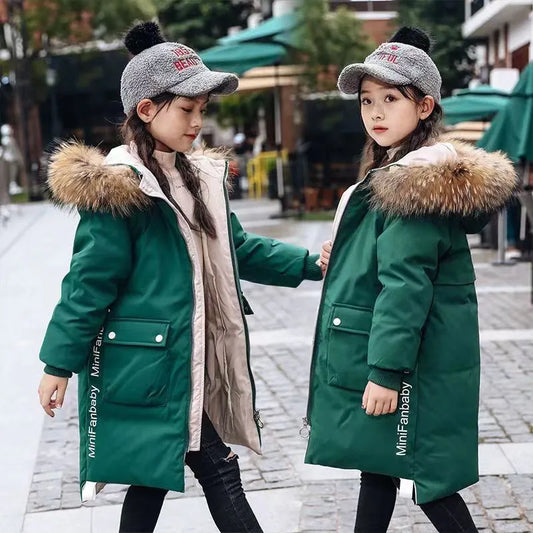 Winter Girls Long 5-12 Years Kids Hooded Fur Collar Heavy Coat Big Children Cold Weather Outerwear Parka Snowsuit girl jacket