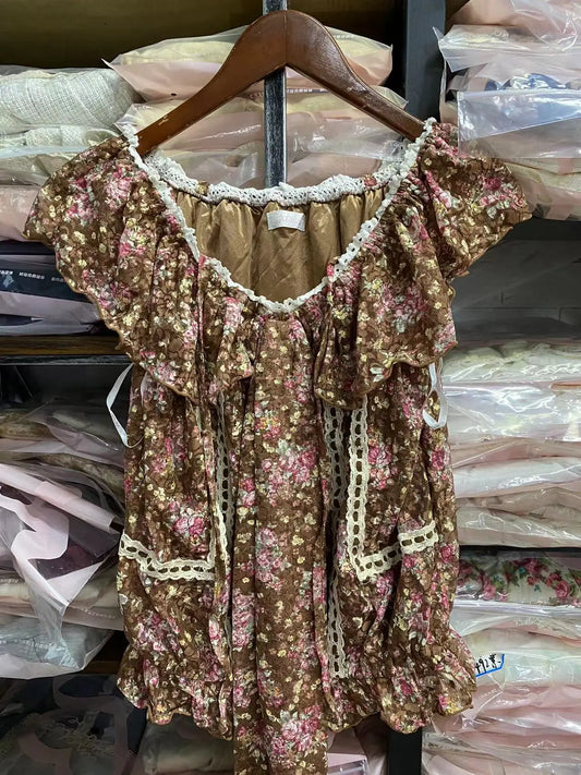 Sales Japan Liz Lisa Knitted with Lace Floral Printed Ribbon Suspenders And Back Tied Shirts women tees