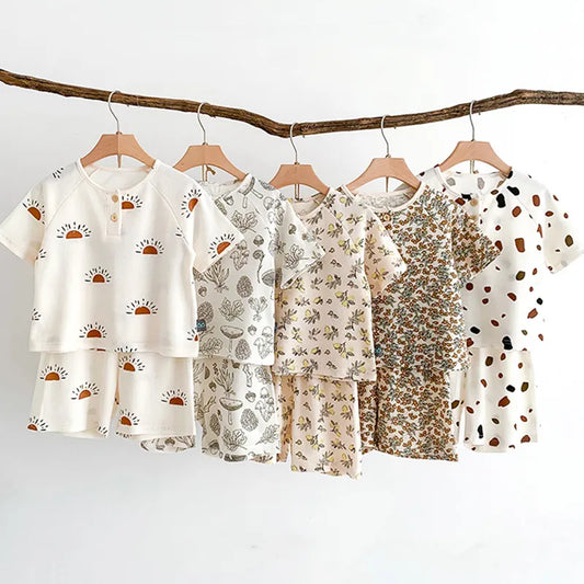 Baby Pajamas Set for Kids Short Sleeve Print Breathable Cotton Waffler Home Clothes Children Pyjamas 2PCS Boys Sleepwear - Girls Sleepwear