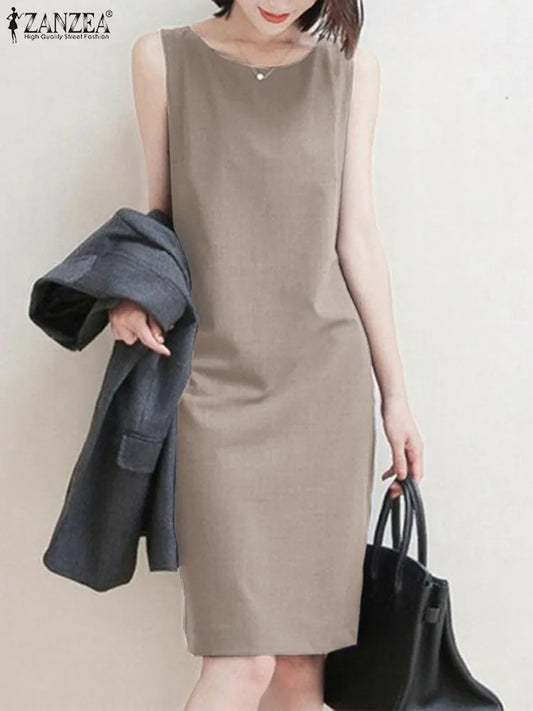 ZANZEA Summer Elegant Sleeveless Solid Dress Woman Fashion O Neck Straight Sundress Female OL Work Knee-length Vestido Robe Women Dress For Work - Women Tops