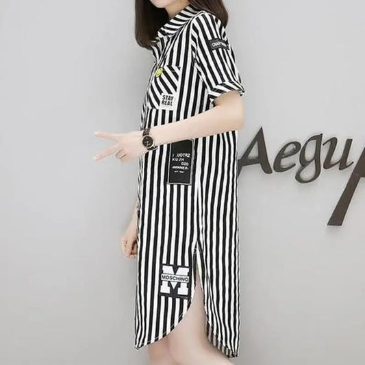 Dress Summer Women's Clothing Short Stripe Shirt Dress Pocket Loose Women Plus Size Cloth Korean Fashion Printing French Retro Ropa Mujer Women Prom