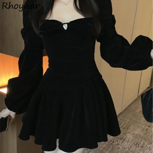 Dresses Women Party Solid Retro Soft Square Collar Design Lady Autumn Cozy Mini French Style Tunic Elegant Casual Chic Vestidos