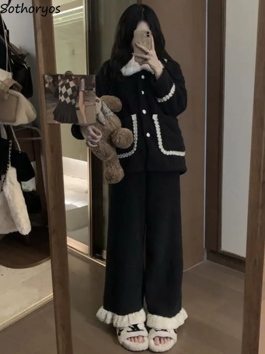 Pajama Sets Woman Thicken Warm Home Cozy Sweet Design Wear Korean Style Panelled Retro Fashion Daily Ladies Winter Women Casual - Women Lounge