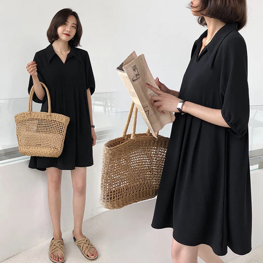 Large Size Woman 200jin Summer One-piece Dress Long A- shaped Shirt Skirt Fat mm Loose Slim-fit Hepburn Style Black Women Work Dress - Women Tops