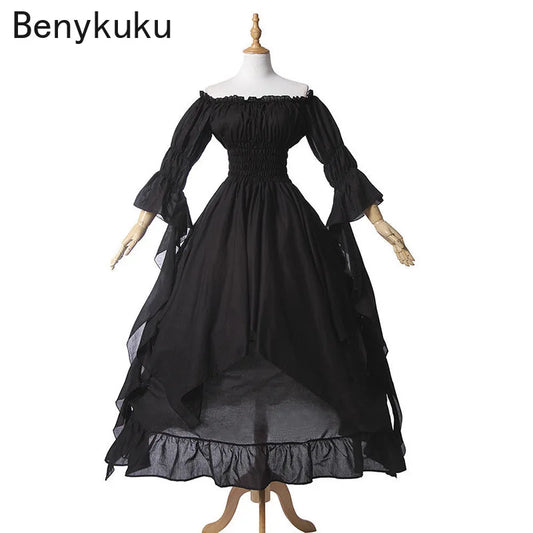 Vintage Victorian Medieval Dress Renaissance Black Gothic Dress Women Cosplay Halloween Costume Prom Princess Gown Plus Size 5XL