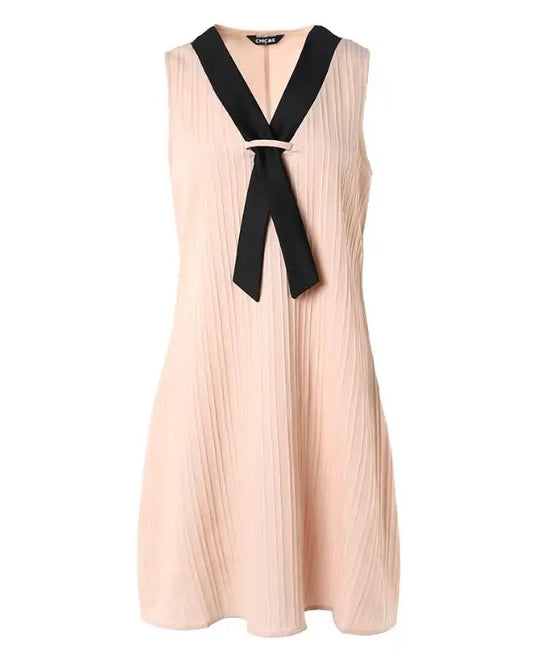 Women's Summer Fashion European & American Commute Work Clothing Colorblock Fake Tie Patch Sleeveless Dress Vestido Women Dress For Work - Women Tops