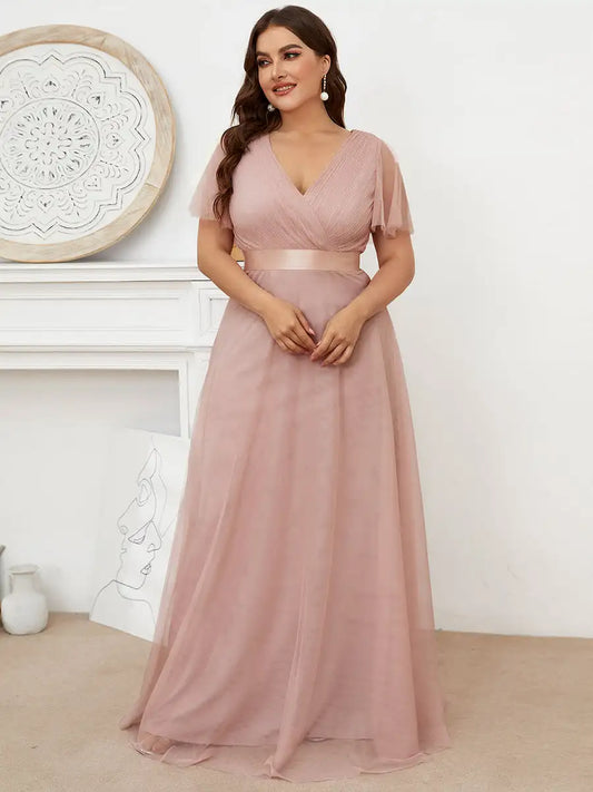 Evening Dresses A-line V neck Lotus Leaf Sleeves Empire Gauze Elegant Pink Women Plus Size Clothing - Women Prom