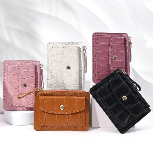 Short Simple PU Leather Multi-Slot Zipper Keychain Small Holder Crocodile Pattern Coin women purse
