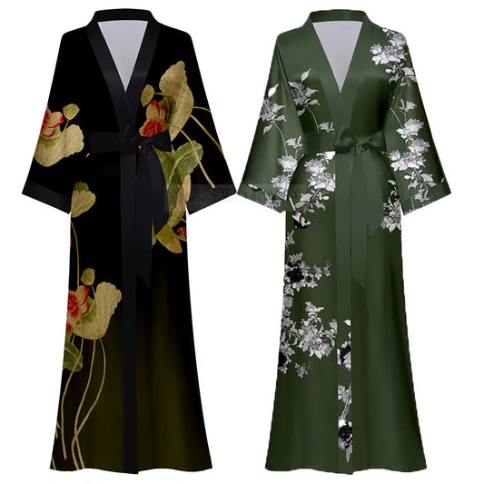 Female Long Robe Nightgown Sexy Print Flower Kimono Bathrobe Gown Casual Silk Satin Home Dress New Spring Summer women lounge