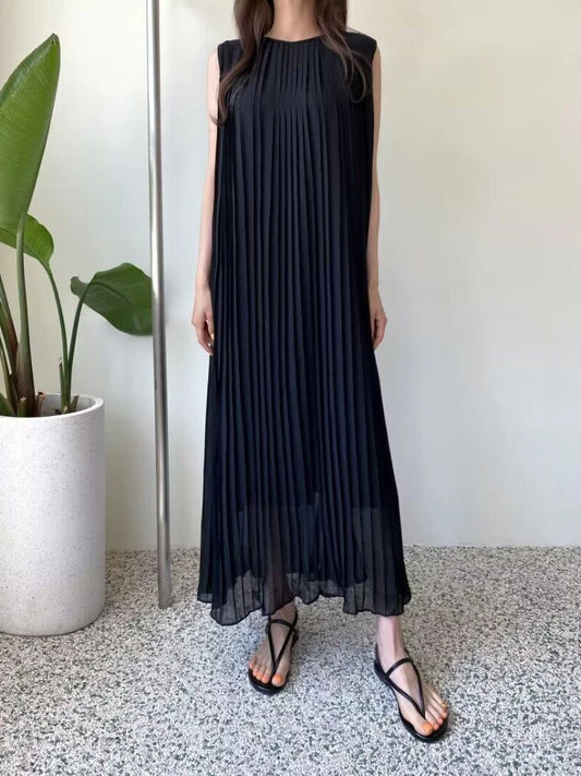 Dress for Woman Vintage Dress Woman Round Neck Sleeveless Pleated Dresses Female Korean Solid Slimming Lace Up Long Dresses Women Dress For Work