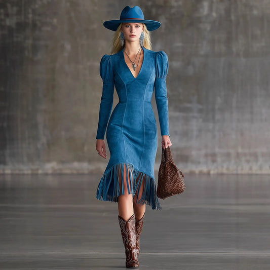 Western Retro Tassel Dresses for Women Sexy V-neck Puff Sleeve Slim Hips Dress Long Sleeve Mini Dress 2026 Ladies Dress