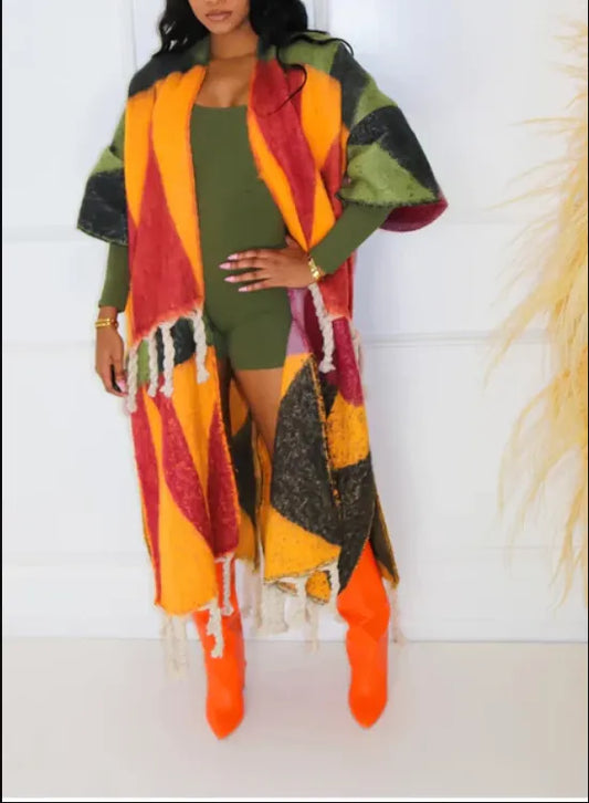 African Popular Print Fringe Cardigans Ankle Length Outwear Winter Fashion Fuzzy Long Duster Coat For Lady Women Casual - Women Plus Size Clothing