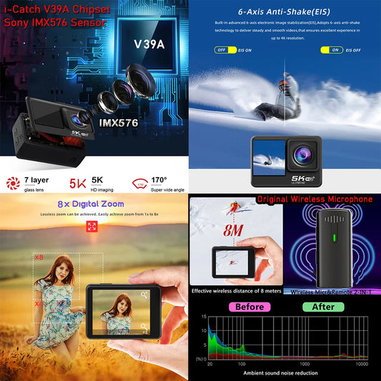 Action Camera 5K Dual Screen 170D 8X Zoom Pre Record Waterproof Sport With Sony IMX576 Lens Electronics - Wireless