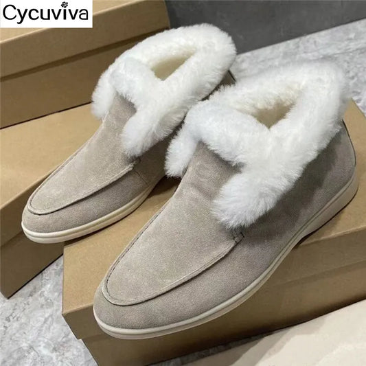 Winter Wool Snow Boots Kidsuede Platform Flat Woman Concise Slip On Boots Runway Warm Down Short Boots Femme Women Shoes