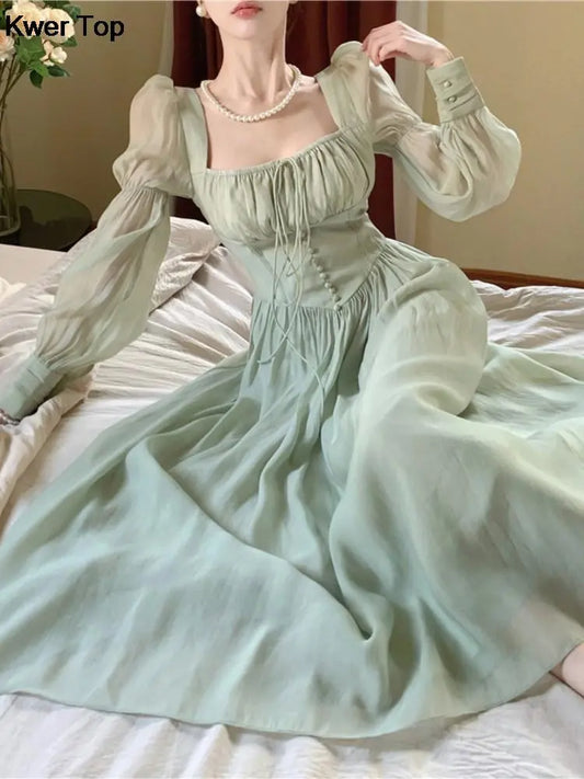 French Elegant Lantern Sleeve Lace Up Midi Dress Summer Woman Square Neck Evening Party Robe Female Vestidos Mujer Autumn women prom - women contemporary