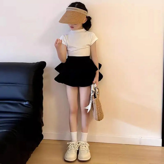 Summer baby Girls Toddler Bottoms Children Fashion Bottoms Layered Ruched Black Teenage Kids Skirt3-14Y Girl Skort