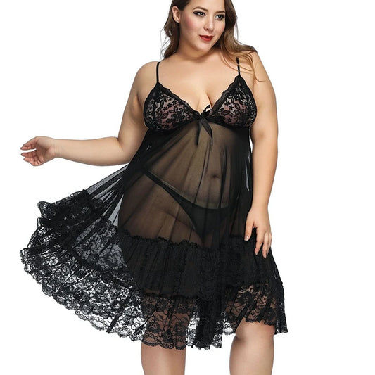 6 XL Big Size Sexy Nightdress with Thong Hot Dress See-Through Lace Sleeveless Pyjama Sexy Dress Nightwear Underwear Women Sleep - Women Plus Size Clothing