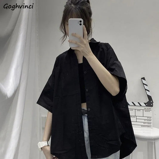Shirts Women Short Sleeve Solid Harajuku Loose Vintage Ladies Tops All-match BF Summer Chic Stylish Basic Black Women Casual Clothing