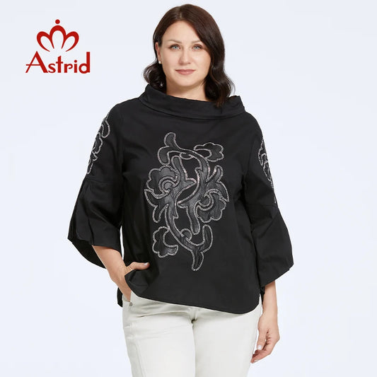 Astrid Women's T-shirt Plus Size Loose Cute Top Female Dating Tee Blouse Flared Sleeve Stand-Up Collar Diamonds Fashion Clothing