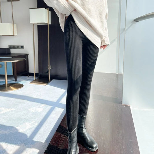 Slim Leggings Autumn Woman High Waist Trousers Knitted Ribbed Thicken Solid Elasticity Thermal Ankle-Length Winter Women Legging - Women Casual