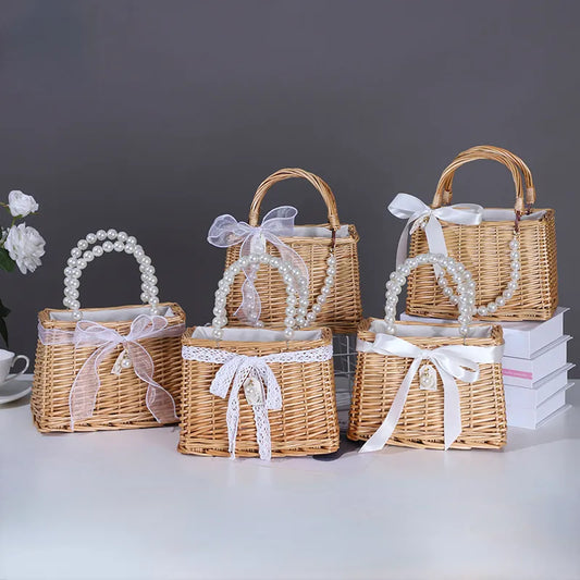 Straw Tote Rattan Weaving Baske Pearl Handle Beach Ribbons Clutch women handbags