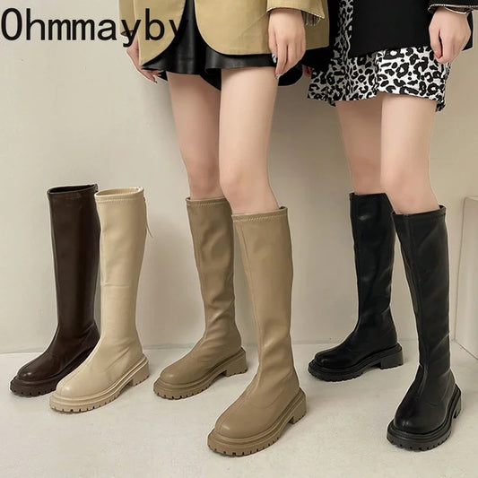 Thigh High Women's Boots Fashion Soft Leather Knee High Boots Female Square Heel Autumn Winter Girl's Boots Women Girls Shoes