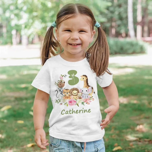 Personalized Birthday Shirt 1-9 Birthday T-Shirt Wild Tee Girls Boys Party T-Shirt Cute Animal with Name Clothes Kids Girl Tops