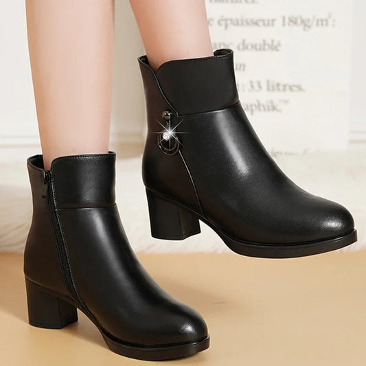 High-Quality Winter Warm Mid-Calf Women's Boots Solid Color Round Toe Zipper Chunky Heel Zapatillas De Mujer Women Shoes