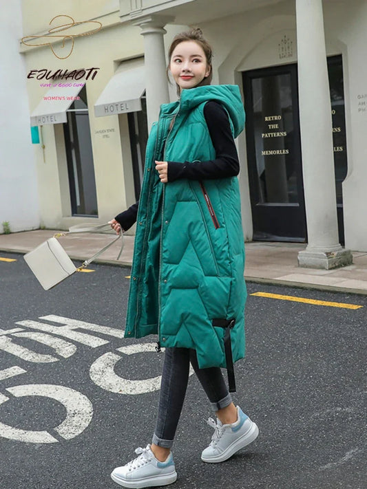 Over knee style long cotton Korean fashion hooded Casual Solid sleeveless Women Jackets