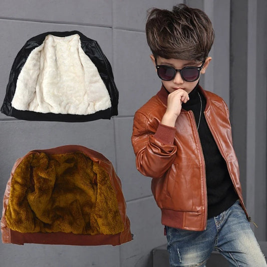 Autumn Winter Fashion Korean Children's Plus Velvet Warming Cotton PU Leather Jacket For 3-8Y Kids Jacket Outerwear Boy Jacket - Girl Jacket
