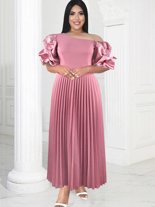 ONTINVA Cold Shoulder Dresses Plus Size Short Puff Sleeve Pink Empire A Line Pleated Outfits for Ladies Event Party Women Plus Size Clothing - Women Prom