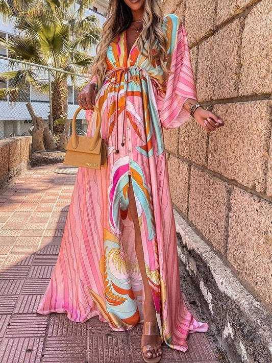 Spring Summer Fashion Print Dress Blouse Neck Tie Mid Length Striped Skirt Casual Comfortable Street Women's Wear Dresses Robe