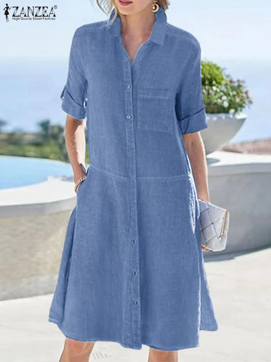 ZANZEA New Summer Dress Woman Half Sleeve Buttons Shirt Vestido Lapel Neck Work Sundress A Line Robe Loose Holiday Women Plus Size Clothing - Women Prom