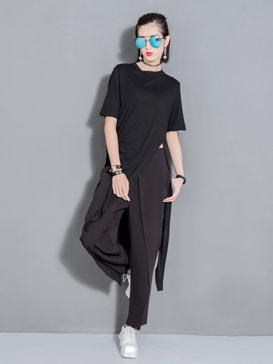 Women White Solid Color Asymmetrical Vent Long T-shirt New Round Neck Short Sleeve Fashion Tide Women Tops & Tees