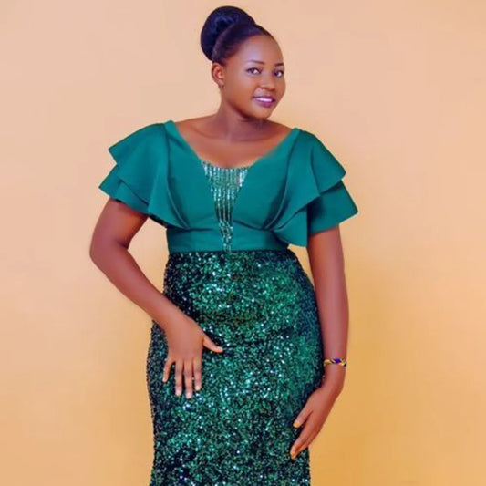 Women Plus Size Cloth Evening Party Dresses Woman New Fashion V-neck Short Sleeve Green Dresses Elegant Slim Sequin Women's Mermaid Dresses Women Work Dress