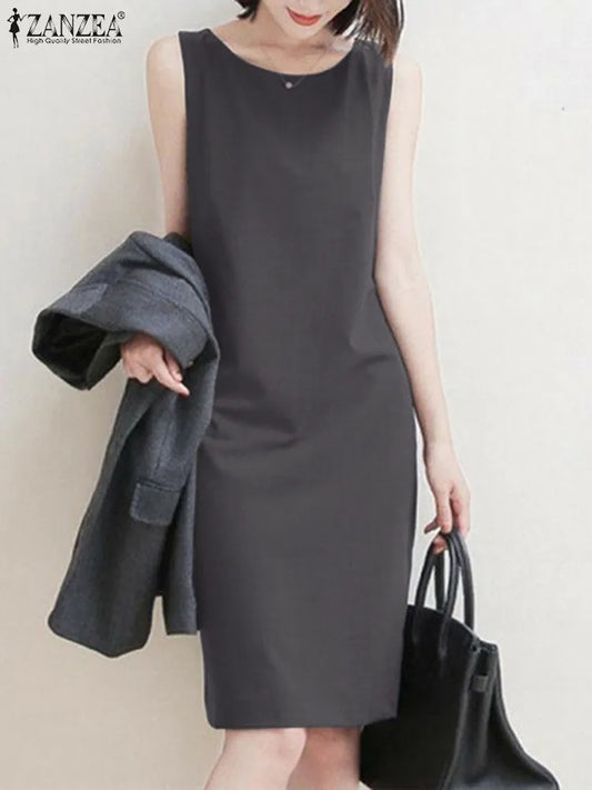 ZANZEA Summer Elegant Sleeveless Solid Dress Woman Fashion O Neck Straight Sundress Female OL Work Knee-length Vestido Robe Women Dress For Work - Women Tops