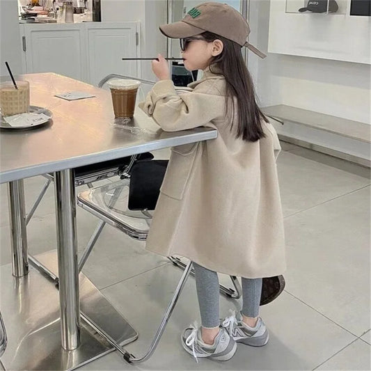 Warm Woolen Coat Winter Thicken Tweed Outerwear Big Kids Long Overcoat Autumn Fashion Loose Fitting Jackets 3-14Y girl jacket