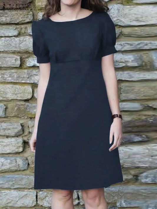 Elegant Woman Short Sleeve Solid Work Sundress ZANZEA Fashion Office Party Knee-length Casual Holiday Vestido Kaftan Women Casual - Women Work Dress - Women Tops